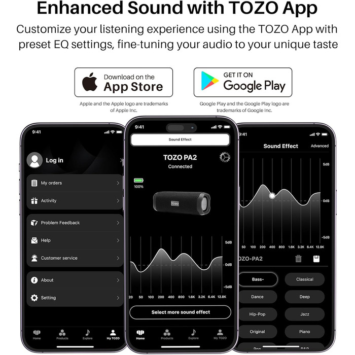 Динамік TOZO PA2, портативний динамік із двома драйверами, 25 годин стереозвуку, глибокі баси, керування додатком, водонепроникний бездротовий динамік для дому, на природі та в подорожах, чорний