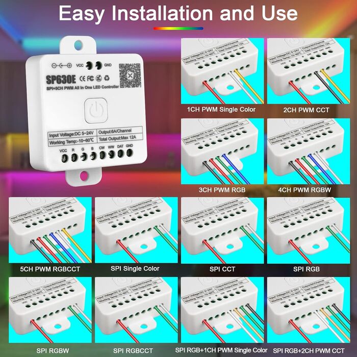 Світлодіодний музичний контролер Aroidful SP630E, SPI5-канальний ШІМ-контролер все в одному 5-24 В з кількома музичними режимами, мобільний телефон і керування Bluetooth для RGB стрічок і гібридного світла Світлодіодний контролер SP630E