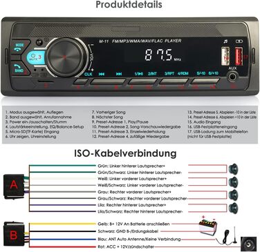 Автомобільна стереосистема iFreGo 7 кольорів з Bluetooth гучного зв'язку, 1 Din-радіо Bluetooth USB/TF/MP3-плеєр/AUX-вхід, FM-радіо з пультом дистанційного керування/пультом дистанційного керування на кермі, RDS, швидка зарядка