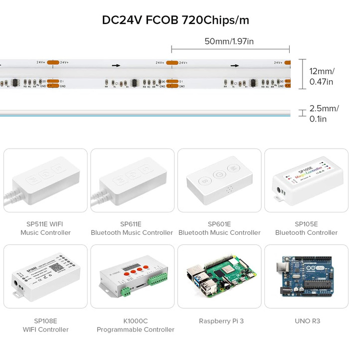 Гнучка світлодіодна стрічка COB високої щільності WS2811 IC світлодіодна стрічка 5M 630 світлодіодів/м 14 Вт/м DC24V IP30 Карбування кольору Прикраса своїми руками (не контролер вмісту та блок живлення) (біла друкована плата, DC24V 5M 720 світлодіодів/м)