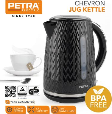 Електричний чайник Petra PT3864BLKVDEEU10 Chevron - без бісфенолу А, ємність 1,7 л, захист від сухого ходу та автоматичне вимкнення, зручний для читання індикатор рівня води, вапняний фільтр, поворотна основа на 360, 2200 Вт