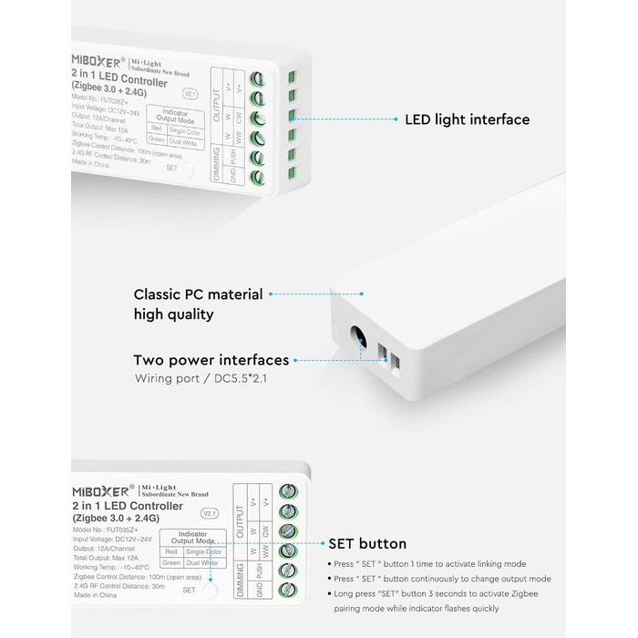 Диммер Milight Miboxer Zigbee3.0, одноколірний контролер світлодіодної стрічки, 12 В/24 В, сумісний із додатком Zigbee Storeo Echo / голосовим керуванням, (FUT035z)