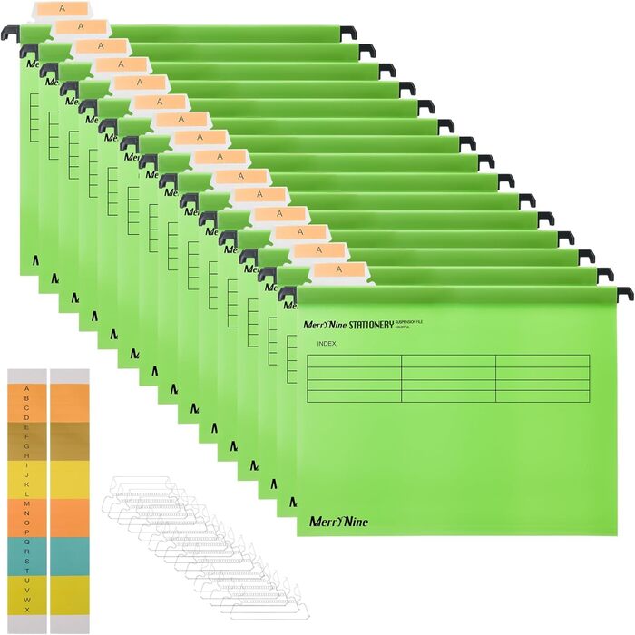Підвісні папки MerryNine, A4, 5 шт. , поліпропілен, підвісні папки з райдерами та картками-вкладишами, для школи, дому, роботи, офісу, організації (5 кольорів) (1, зелений)