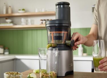 Соковижималка Kenwood PureJuice Pro JMP85.00SI, повільна соковижималка для домашніх соків, XXL завантажувальний отвір для цілих фруктів, з низькою швидкістю для збереження важливих вітамінів, 230 Вт, Срібло