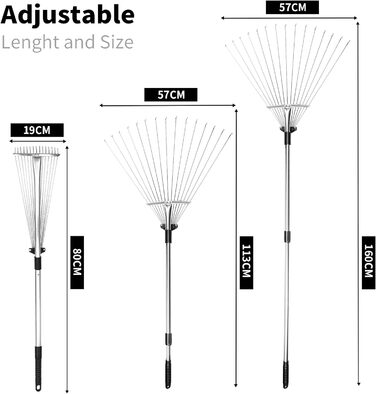 Граблі для листя Kiaitre, телескопічні граблі для листя 161 см, регульовані граблі, садові граблі, граблі для листя, граблі для газону для прибирання рослин, газону та двору