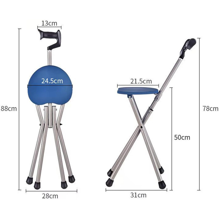 Складні милиці з сидінням, милиці стілець для людей похилого віку, чотириногі милиці стілець багатофункціональний легкий алюмінієвий роллер, складні милиці легкий стілець / синій