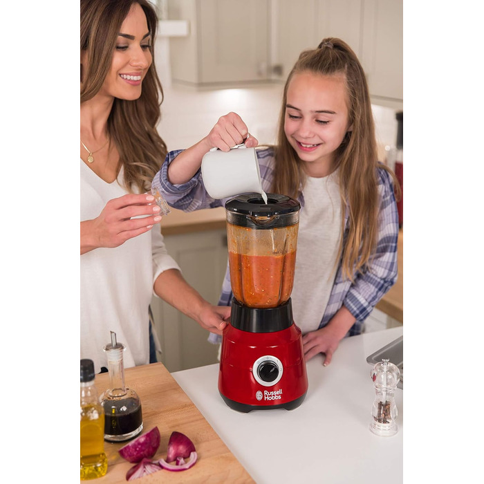 Міксер Russell Hobbs скляний контейнер 1,5 л Desire Red (потужний двигун 0,9 к.с., функція імпульсу/подрібнення льоду, ніж з нержавіючої сталі, блендер без бісфенолу А, електричний подрібнювач, смузі-машина) 24720-56