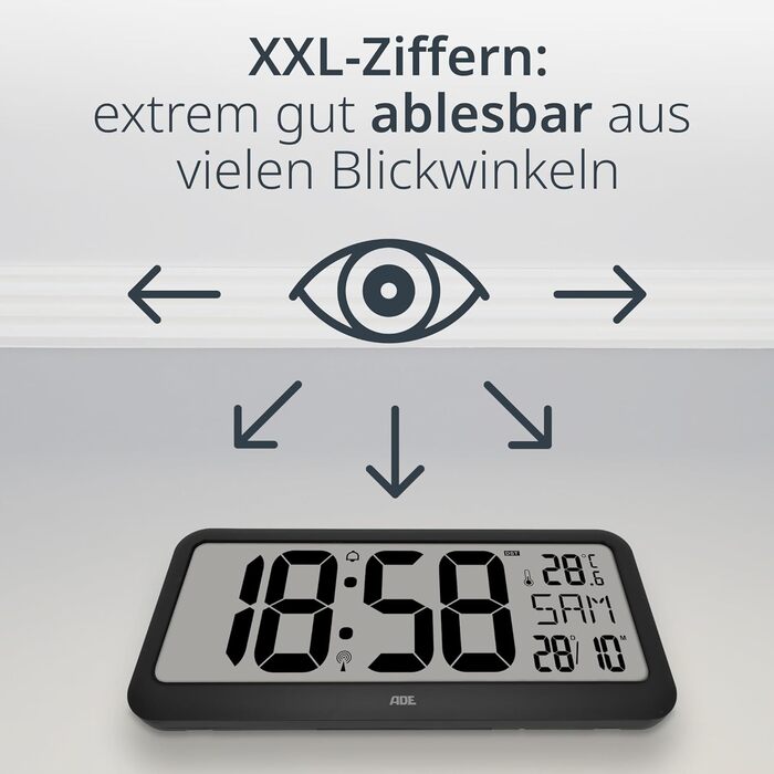 Дуже великий цифровий настінний годинник з цифрами XXL радіокерований годинник з календарем ідеально підходить для офісу, відкритого планування, майстерні, людей похилого віку термометр та будильник настільний годинник чорний