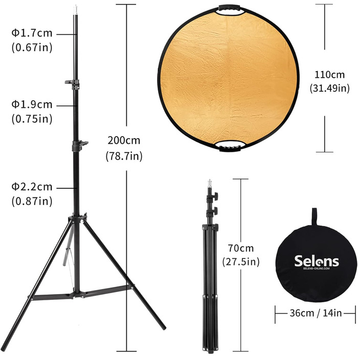 Круглий рефлектор Selens 5 в 1 110CM зі світловим штативом 200CM комплект для фотостудійної портретної зйомки, круглий відбивач Розсіювач Золото/Сріблястий/Білий/Чорний/Прозорий