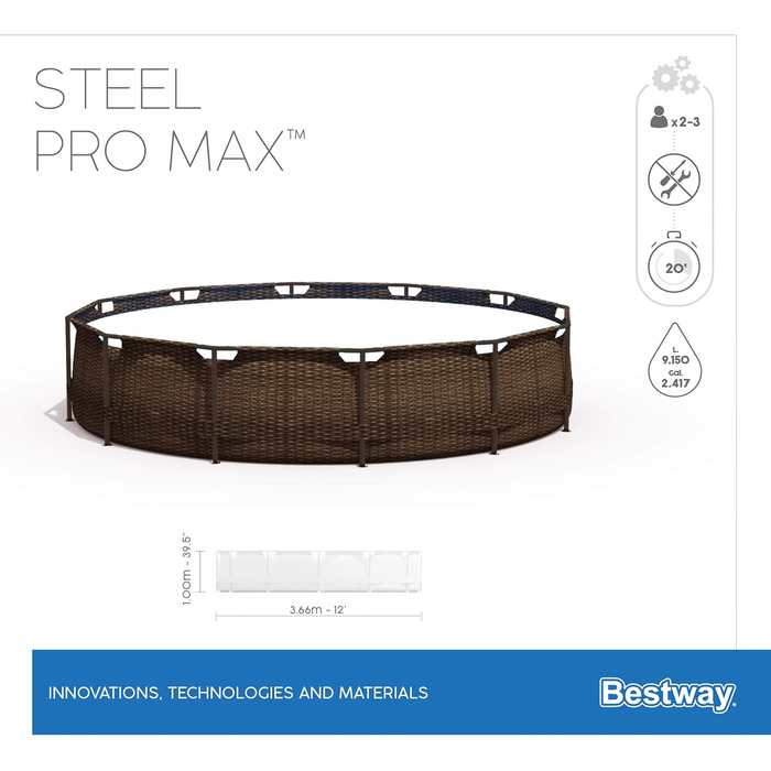 Набір каркасних басейнів Bestway Steel Pro MAX з фільтруючим насосом Ø 366 x 100 см, Ротанговий вигляд (шоколадно-коричневий), Круглий