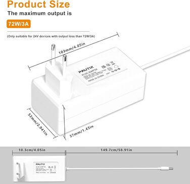 Світлодіодна стрічка PAUTIX Штекер ЄС DC24V 2A Блок живлення для світлодіодної стрічки, світлодіодний драйвер адаптера живлення AC100-240, максимальний блок живлення 48 Вт (білий 24 В/3 А)