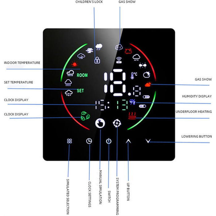 Розумний термостат для дому, пульт дистанційного керування Wi-Fi, термостат для теплої підлоги, програмований 7-денний термостат із вологістю, погодою, цифровий термостат із сенсорним екраном