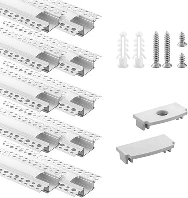 Світлодіодний профіль для гіпсокартону Efishine 6-PACK 1M, світлодіодний профіль алюмінієвий AluProfile для світлодіодних стрічок для стін і стель, світлодіодний канал із затискним дифузором і для ширших стрічок, таких як Philips Hue. (10 упаковок)