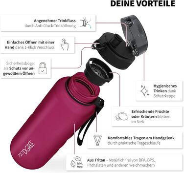 Пляшка для води 720DGREE 1 л Sport 'uberBottle softTouch Ситечко - Без BPA - Пляшка для води для універу, роботи, фітнесу, велосипеда, активного відпочинку, роботи - спортивна пляшка з тритану - легка, ударостійка, багаторазова (2000 мл, 23 Lavish Plum - 