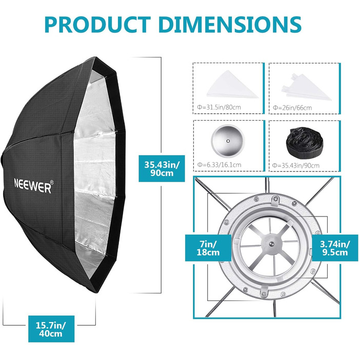 Восьмикутний складаний софтбокс Neewer 90 см, з рамкою Bowens, дифузором і знімною решіткою, швидкоскладний софтбокс, з кишенею для проектора Speedlite, точковий, фотостудія