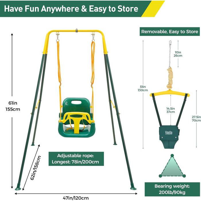 Набір гойдалок FUNLIO 2-в-1 і дитяча дверна стрибок для малюків, набір гойдалок для дітей з 4 мішками з піском, складна металева підставка для приміщень і вулиці, легко збирається та зберігається (зелений)