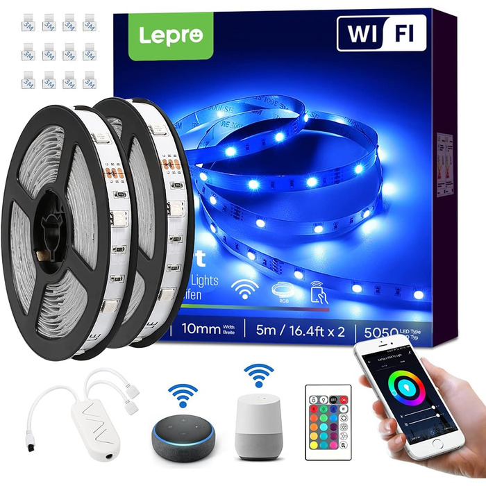 Світлодіодна стрічка Lepro Alexa 10M, 2x5M, 300 світлодіодів з можливістю затемнення RGB, світлодіодна стрічка Wi-Fi, світлодіодний ремінець Wlan, самоклеючі надяскраві стрічки Смуги для струнних світильників з дистанційним керуванням, сумісні з Alexa, до