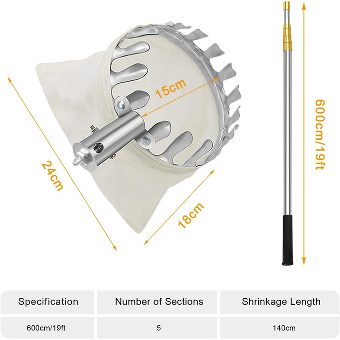 Плодозбірник з телескопічною ручкою та тканинним мішком Плодозбірник з нержавіючої сталі Плодозбірник для збору плодів у важкодоступних місцях на фруктових деревах Плодозбірник для вишні 600 см/19 футів