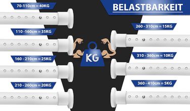 Карниз для душових штор MEISENBERG без свердління 110-160 см, Ø32 мм білий затискний карниз з нержавіючої сталі Висувний - Телескопічна штанга, штанга для душу та штанга для одягу - для вашої шафи та душової кабіни 110-160 см Білий