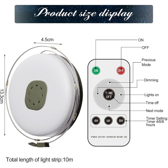 Метрові кемпінгові ліхтарі Рухомий сонячний/USB-акумуляторний кемпінговий ліхтар з дистанційним керуванням, функцією таймера, 8 режимами освітлення, корпус акумулятора 3600 мАг, водонепроникні струнні ліхтарі на вулиці в приміщенні (колір), 10-