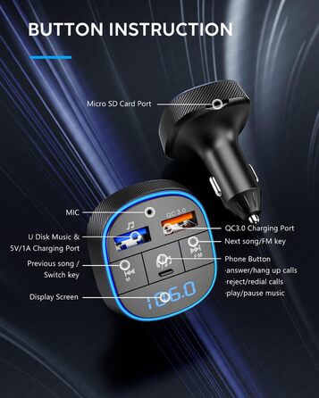 Передавач Clydek для автомобіля, автомобільний стереоаудіоадаптер Bluetooth 5.0 з подвійним USB-роз'ємом для заряджання, MP3-плеєр Автомобільний зарядний пристрій підтримує гучний зв'язок, USB-флеш-накопичувач, SD-карта