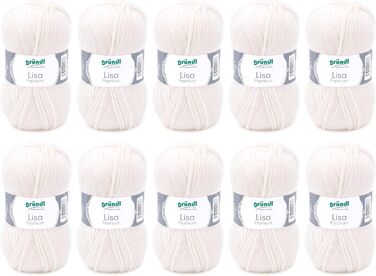 Пряжа Grndl Lisa Premium Uni Knitting & Crochet Yarn (м'яка і схожа на шерсть, проста в догляді миється трикотажна пряжа з 100 поліакрилу, 50 г/ 133 м, розмір голки 3,5 - 4,5, 10 клубків по 50 г кожен), (кремовий)