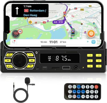 З Bluetooth, MP3-плеєр з FM-радіо, підтримка автомобільної стереосистеми 1 Din BT Hands-free/еквалайзер/керування на кермі/USB/зарядка/TF/AUX-вхід, цифровий медіа-ресивер (з тримачем телефону), 1 Din