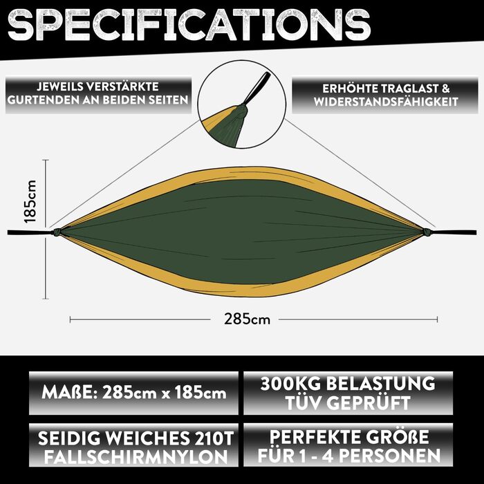 Преміум кемпінговий гамак відкритий на 2 особи нейлоновий парашутний шовк для подорожей, подорожей, саду з набором для підвішування кріплення Вантаж 300 кг (темно-зелений) XX-великий
