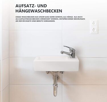 Підвісний або настільний умивальник гостьовий туалет маленький міні-умивальник Керамічний умивальник малий 36,5x18x9 см Отвір для крана правий 36,5 x 18 x 9 см Hahnloch праворуч