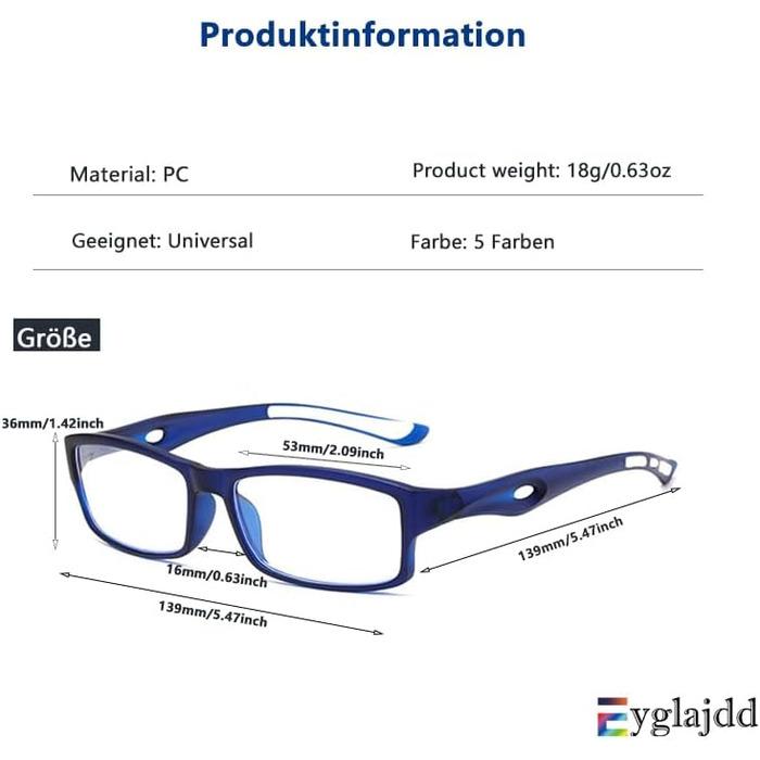 Спортивні окуляри для читання Eyglajdd для жінок, чоловіки, легкі прямокутні окуляри для читання, 5 упаковок синіх світлоблокуючих окулярів 1.50 чорний, синій, сірий, білий помаранчевий, чорний білий 1.5 x