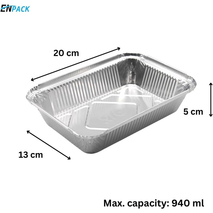 Алюмінієва миска Enpack R45L-911L - 100 шт. алюмінієві лотки з кришкою 20х13х5 см - Лоток для меню - Ємність для наповнення 940 мл - Форма для їжі - Лотки для гриля - Одноразова упаковка - Одноразовий контейнер для макаронів/локшини