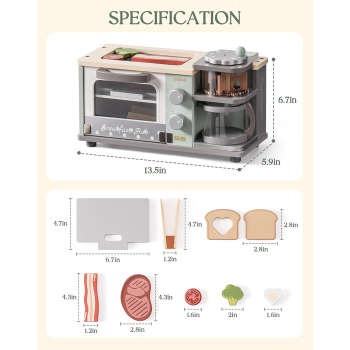 Дитячі кухонні аксесуари з дерева дитяча машина для сніданків ігровий кухонний набір з кавоваркою, духовкою, тарілкою-гриль, іграшковою їжею, набором кухонного приладдя подарунки для дітей від 3 років (м'ятно-зелений)