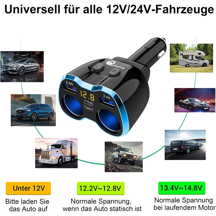 Автомобільний зарядний пристрій 5-в-1 адаптер розподільника прикурювача Розгалужувач 12 В USB C Автомобільна розетка 2 відділення 12 В постійного струму 80 Вт зі світлодіодним перемикачем вольтметра Подвійний USB для мобільного телефону GPS відеореєстрато