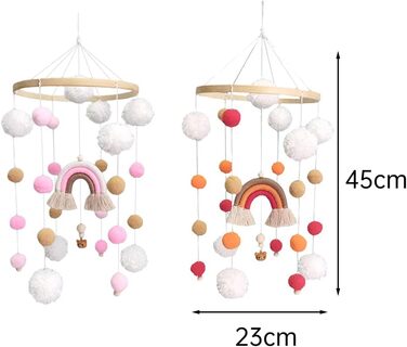 Дитяче ліжечко з дзвіночками вітру з фетровими кульками, дитяче ліжечко Мобільне дзвіночок вітру 3D Райдужний мобільний декор дитячого ліжечка Прикраса Дитяча кімната Підвісний дзвіночок Подарунок для хлопчиків Веселка - рожевий