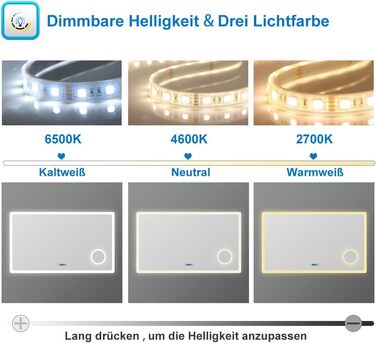 Дзеркало для ванної кімнати Acezanble з підсвічуванням 160x80 см Світлодіодне дзеркало з годинником Bluetooth Touch Дзеркало для ванної кімнати без запотівання 3 кольори світла Регульоване з пам'яттю Енергозберігаюче настінне дзеркало Світле дзеркало 80L 