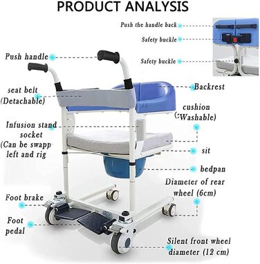 Крісло для перенесення пацієнта для дому, ручне крісло для ванної кімнати з розділеним сидінням на 180 для людей похилого віку, універсальне колесо 360, повітря для ванної кімнати 120 кг/265 фунтів (bl Базовий Ed Bl Базове видання