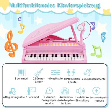 Клавіша дитяча клавіатура зі стільчиком, електронна клавіатура піаніно з мікрофоном, світлодіодний режим навчання, портативний іграшковий музичний інструмент піаніно для дітей від 3 років (рожевий), 31