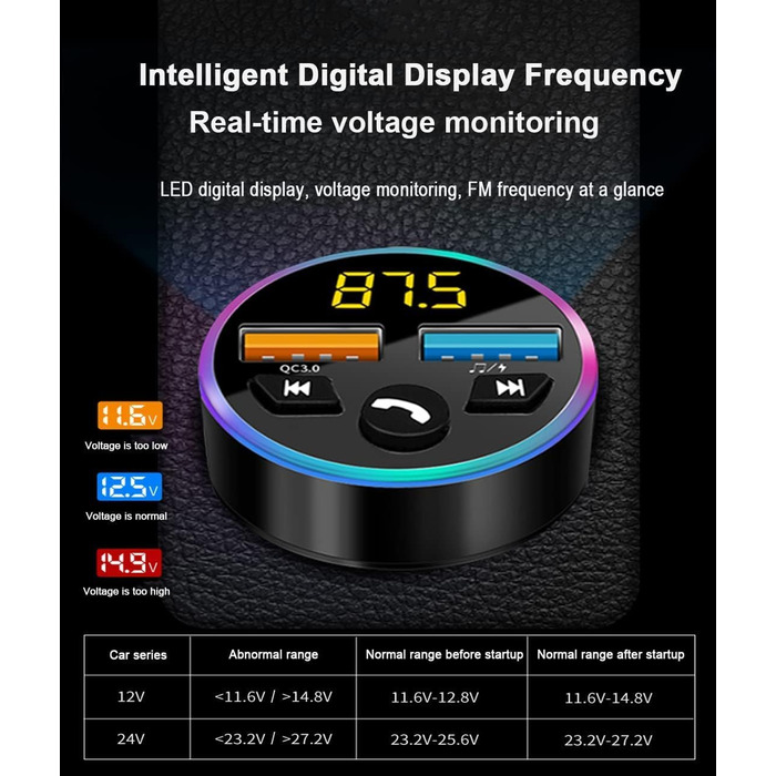 Передавач, FM-передавач автомобіля, автомобільний стереоаудіоадаптер Bluetooth 5.0, MP3-плеєр із QC3.02.4A подвійним USB-портом для заряджання, підтримка дзвінків у режимі вільні руки, U-диск, виявлення напруги, навколишнє освітлення