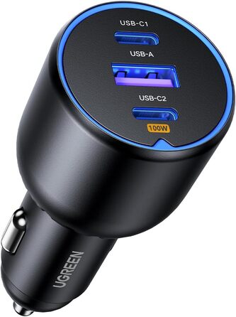 Автомобільний зарядний пристрій UGREEN USB C 130 Вт USB C 3-портовий автомобільний зарядний пристрій USB C сумісний з iPhone 15/15 Plus/15 Pro/15 Pro Max/14/13/12, MacBook Pro/Air, Surface Pro, Galaxy S24/S23 тощо.