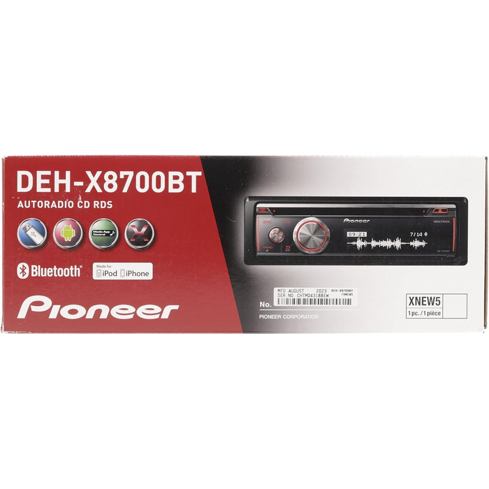 Автомобільна стереосистема Pioneer DEH-X8700BT 1DIN, вхід Bluetooth, MP3, USB та AUX, RGB-підсвічування, гучний зв'язок Bluetooth, додаток Smart Sync, 5-смуговий еквалайзер