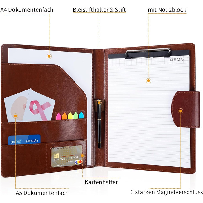 Шкіряний гаманець із кліпбордом DIN-A4, футляр для письма з буфером обміну для документів із магнітною застібкою з папером і ручкою, (коричневий)