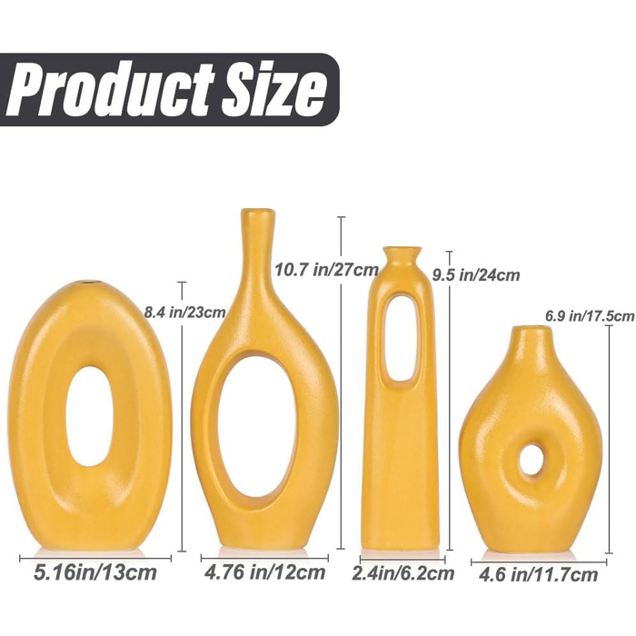 Жовті вази домашній декор - 4 шт. и кругла порожниста керамічна ваза бохо жовтого кольору для декору трави пампаси, сучасні маленькі вази для квітів для вітальні, обіднього столу, офісу, весілля, камінний декор жовтий набір