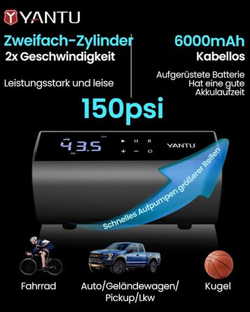 Акумуляторний насос для накачування шин YANTU, портативний повітряний компресор для автомобільних шин, насос для шин з живленням від акумулятора, двоциліндровий 2-кратне накачування, манометр у шинах із 8,3-дюймовим цифровим екраном (чорний)