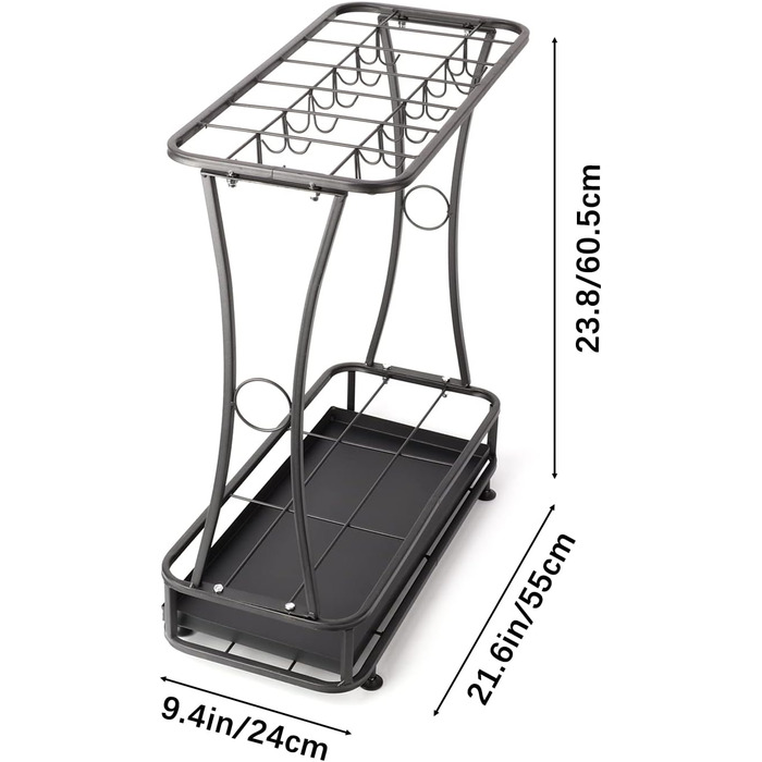 Залізний тримач для парасольки bimiti Підставка для парасольки з піддоном для крапель води Прямокутна кутова підставка для парасольки Тримач для парасольки з 21 порожнистим отвором і 24 гачками Домашня підставка для парасольок і палиць для ходьби