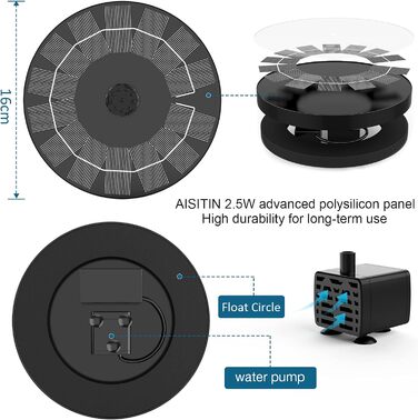 Сонячний фонтан AISITIN для вулиці, сонячний фонтан 2,5 Вт для вулиці з 6 ефектами розпилення, сонячний насос для ставка з 4 опорними стрижнями Сонячний плаваючий фонтанний насос для саду, ставка, ванни для птахів, води