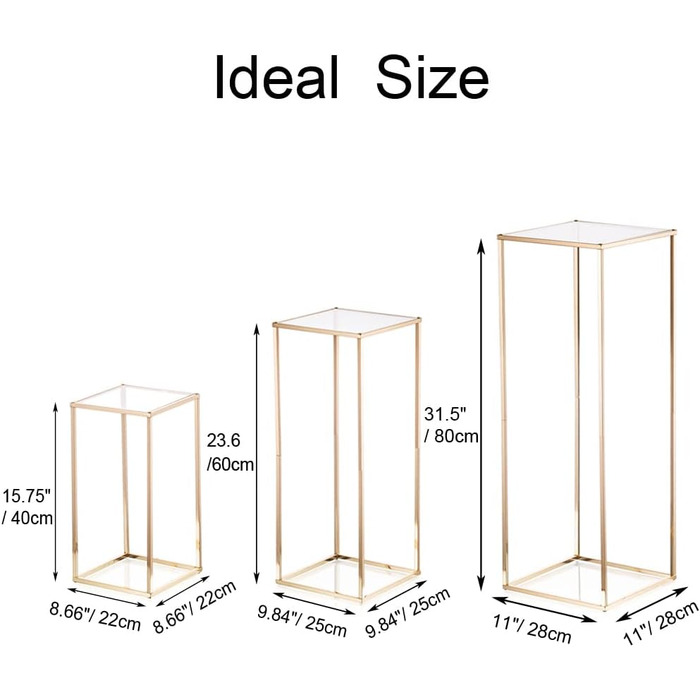 Золота підставка для квітів Весільна прикраса - 3 шт. Металева ваза з акриловою пластиною Вази з високим дном Прямокутні вази Підставки для рослин Геометричні підставки для квітів для настільних прикрас Вітальня 408060см Золото 806040см-3 шт.