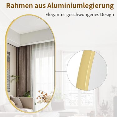 Дзеркало Koonmi Oval Bathroom Mirror Gold, 43 x 76 см Овальне настінне дзеркало із загартованого скла, туалетне дзеркало без спотворень, горизонтальне або вертикальне підвісне для спальні, передпокою, вітальні золотого кольору 76x43