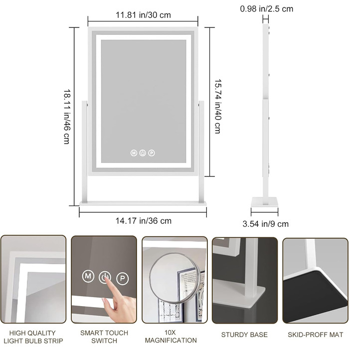 Дзеркало для макіяжу з підсвічуванням, голлівудське дзеркало з 3 колірними температурами світла, обертання на 360, сенсорне управління, знімне дзеркало з 10-кратним збільшенням, туалетне дзеркало, настільне дзеркало 30 x 40 см Led Strip