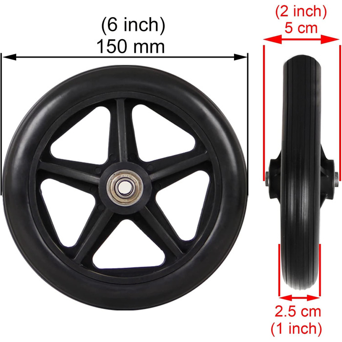Ролики для інвалідних візків Заміна для передніх коліс інвалідного візка, 2 суцільні гумові шини, 6 дюймів, 7 дюймів, 8 дюймів, товсті ролики для інвалідних візків, вісь 5/16 дюйма, вантажопідйомність 120 кг, чорний сірий чорний 150 мм (6 дюймів)