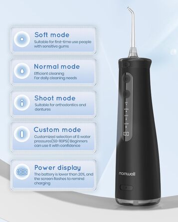 Іригатор для порожнини рота Акумуляторний Mornwell Water Flosser для зубів, 4 режими чищення 4 насадки Резервуар для води 260 мл Портативний іригатор для порожнини рота Interdental Cleaner для чищення BlackF32